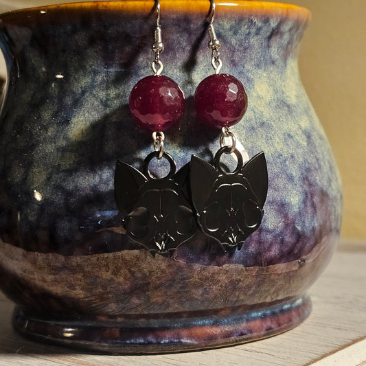 Garnet & Cat Skull Charm Earrings